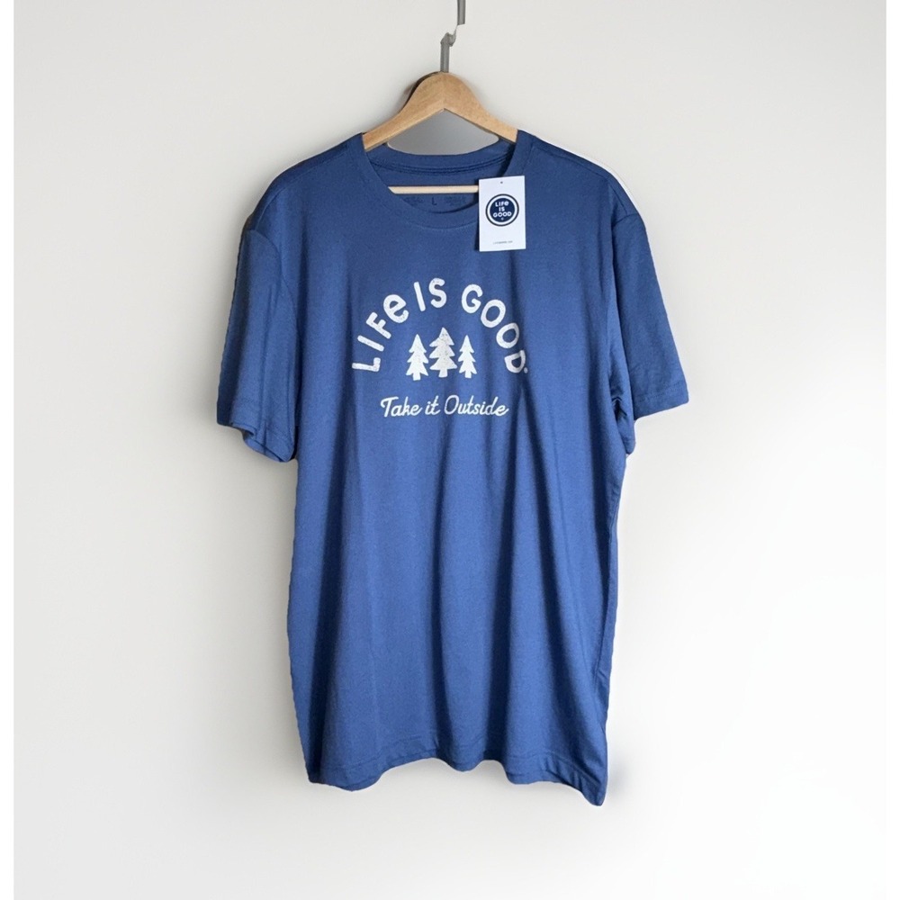 Life Is Good Men's Short Sleeve T-Shirt Size L "Take It Outside" Blue Cotton NWT